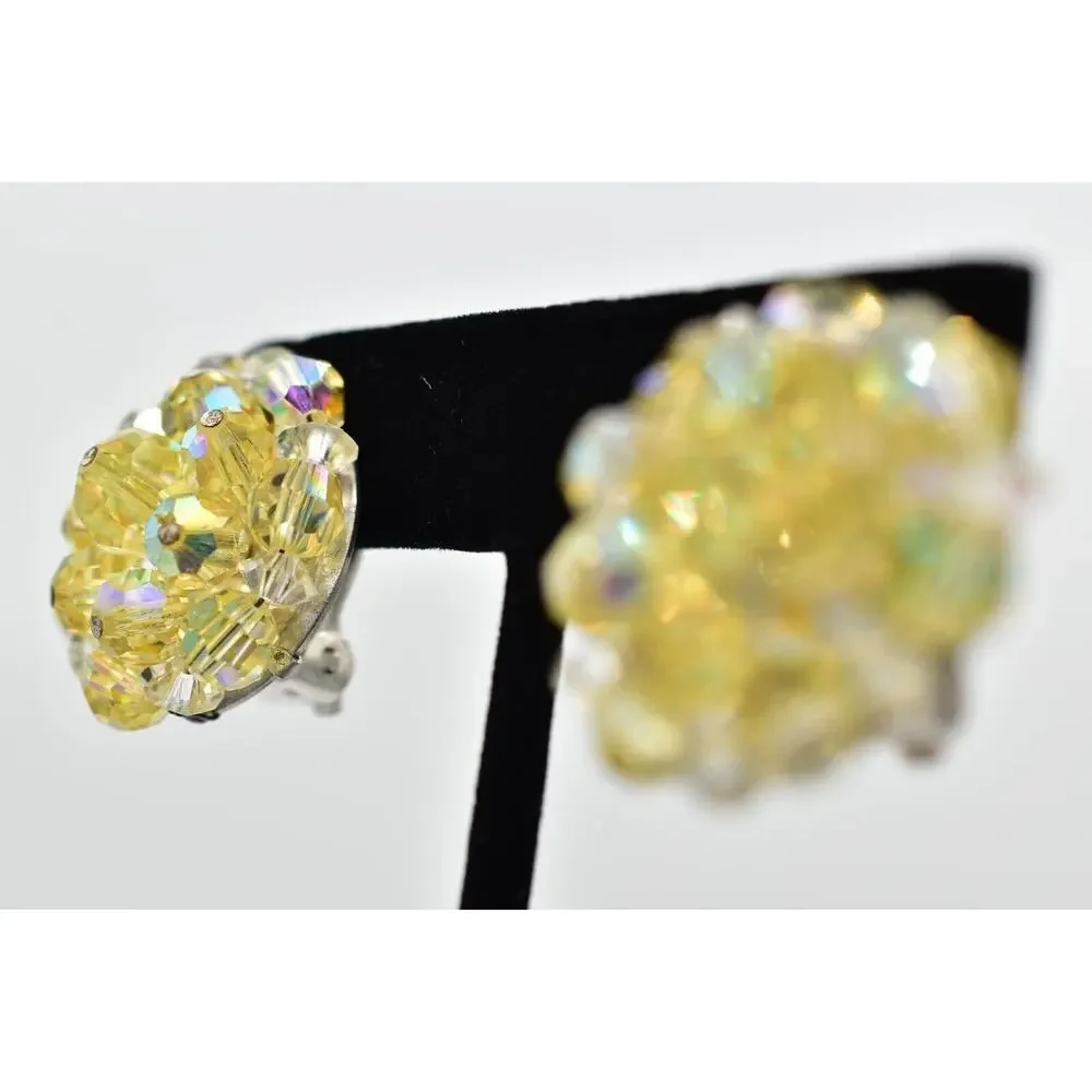 Laguna Vintage Clip On Crystal Earrings Yellow AB Cluster Signed Glam 1950s A24